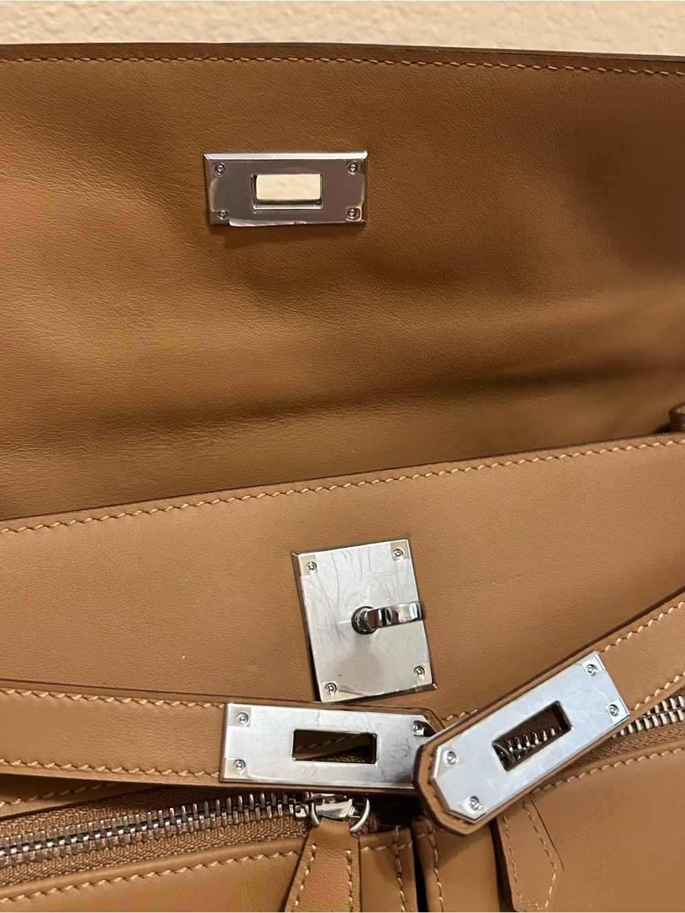 28cm Biscuit Top Handle Double Front Pocket Leather Satchel